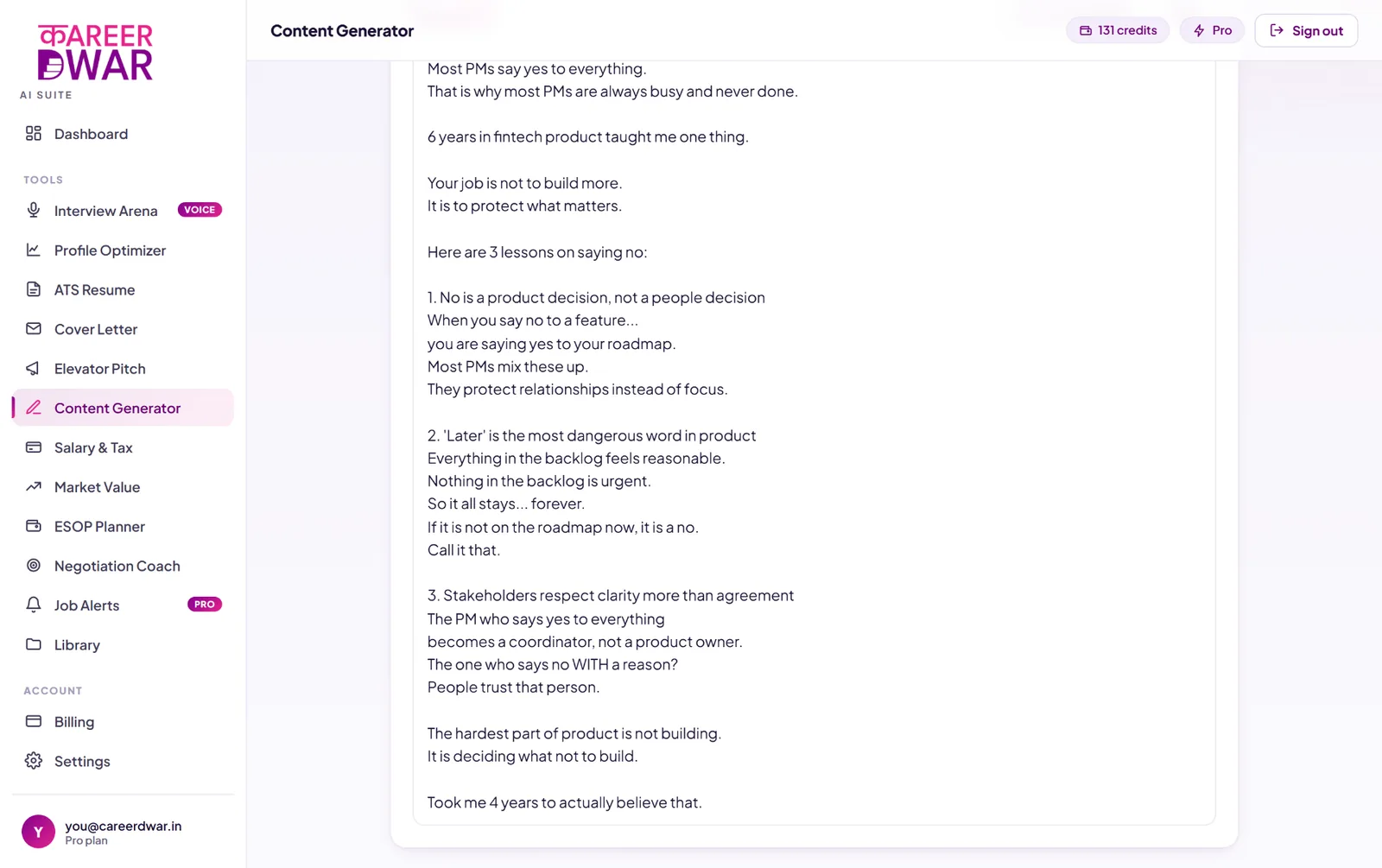 Content Generator in Career AI Suite