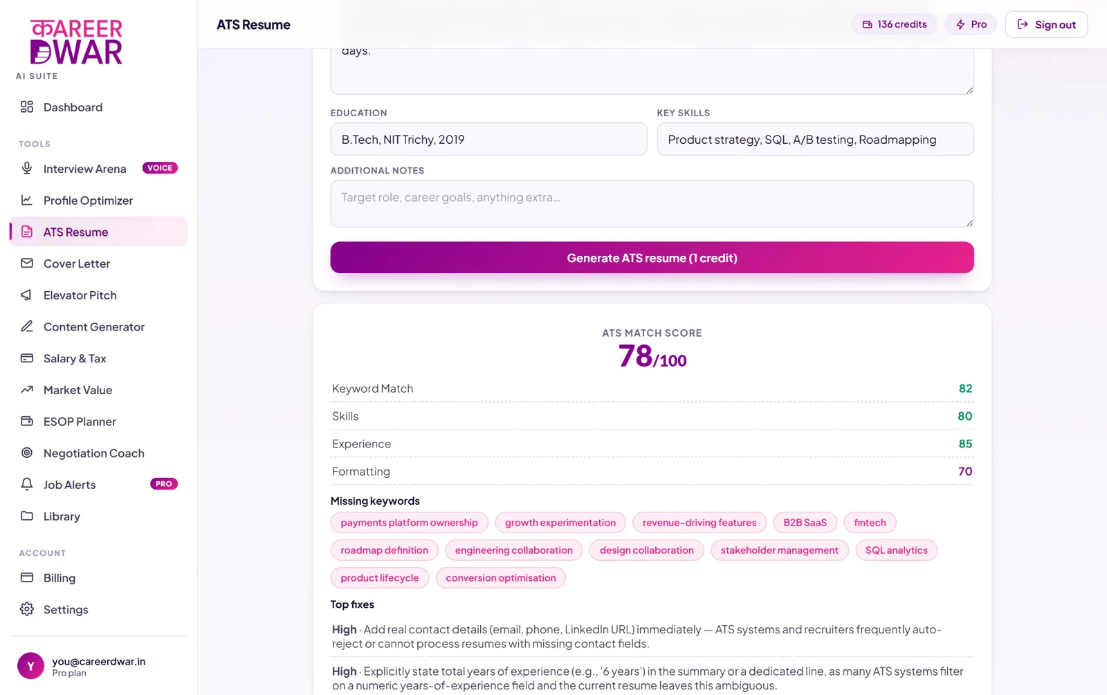 ATS Resume in Career AI Suite